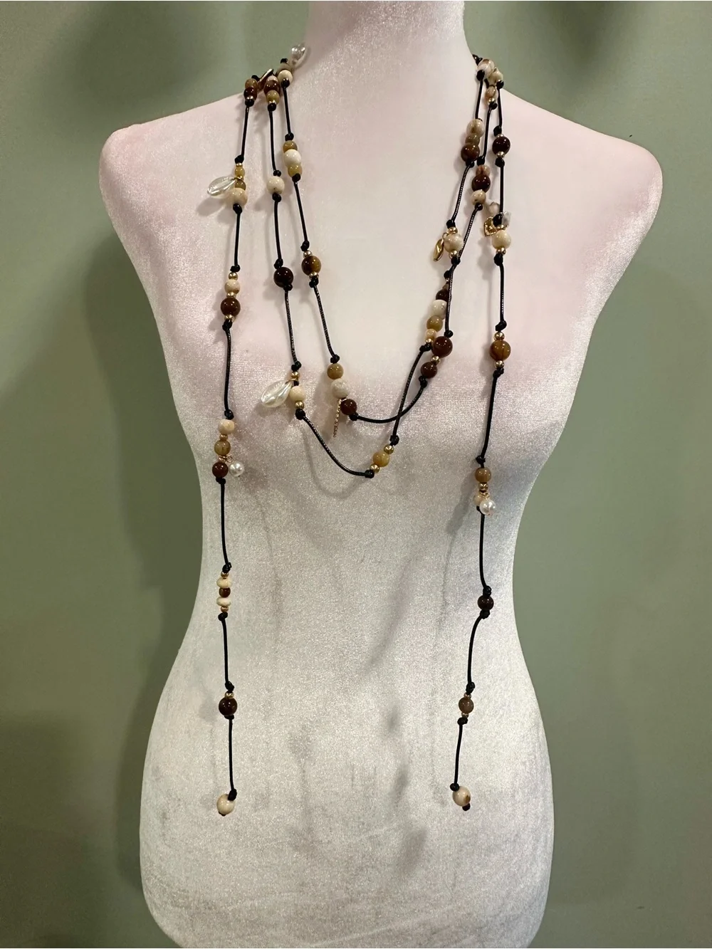 Zara Layered Bead Necklace in White and Brown with Gold Accents - Picture 3 of 4